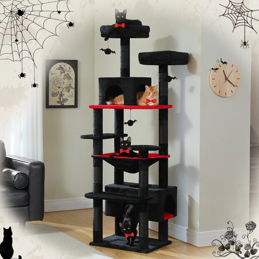 Black and red cat tree with cats on shelves in a room decorated for Halloween.