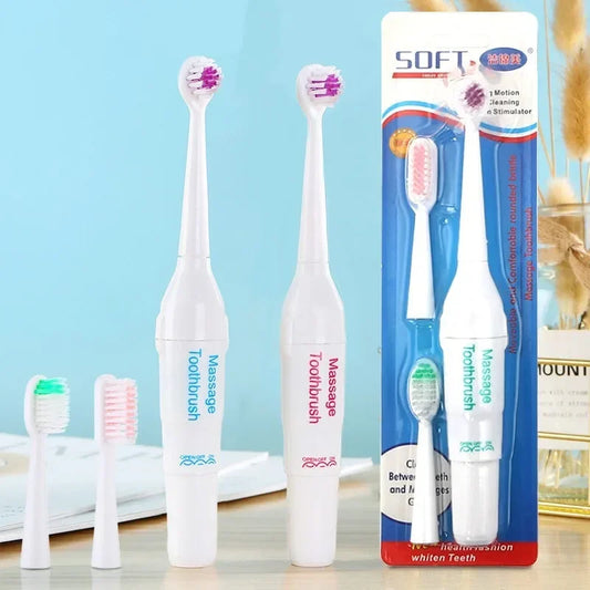 Two white toothbrushes with pink bristles on a light blue background, next to their packaging.