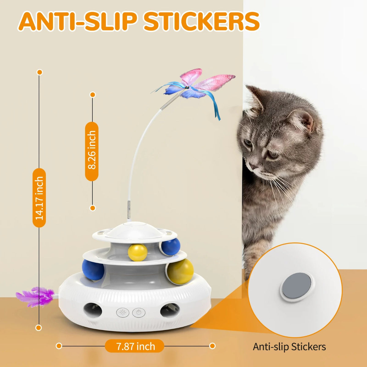 Cat toy with anti-slip stickers and a cat looking at it, on a beige background.