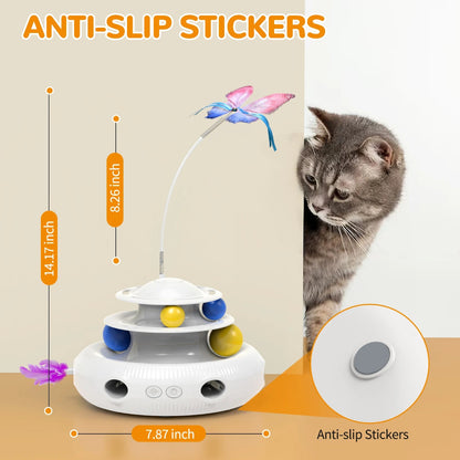 Cat toy with anti-slip stickers and a cat looking at it, on a beige background.