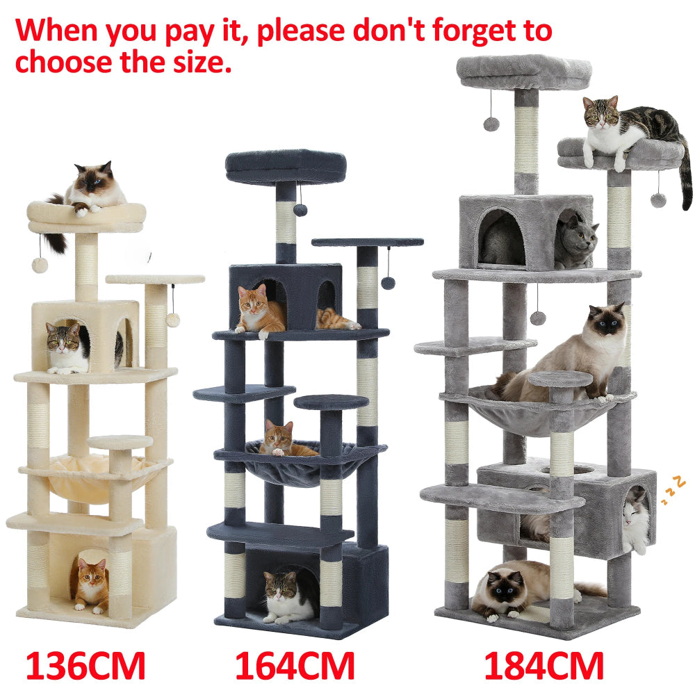 Cat tree with multiple levels and cats on different heights, with text reminding to choose size.