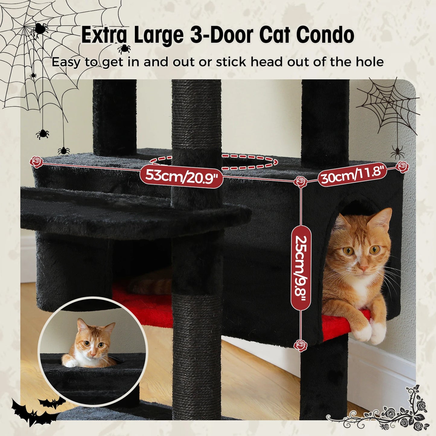 Extra Large 3-Door Cat Condo with measurements and a cat peeking out.