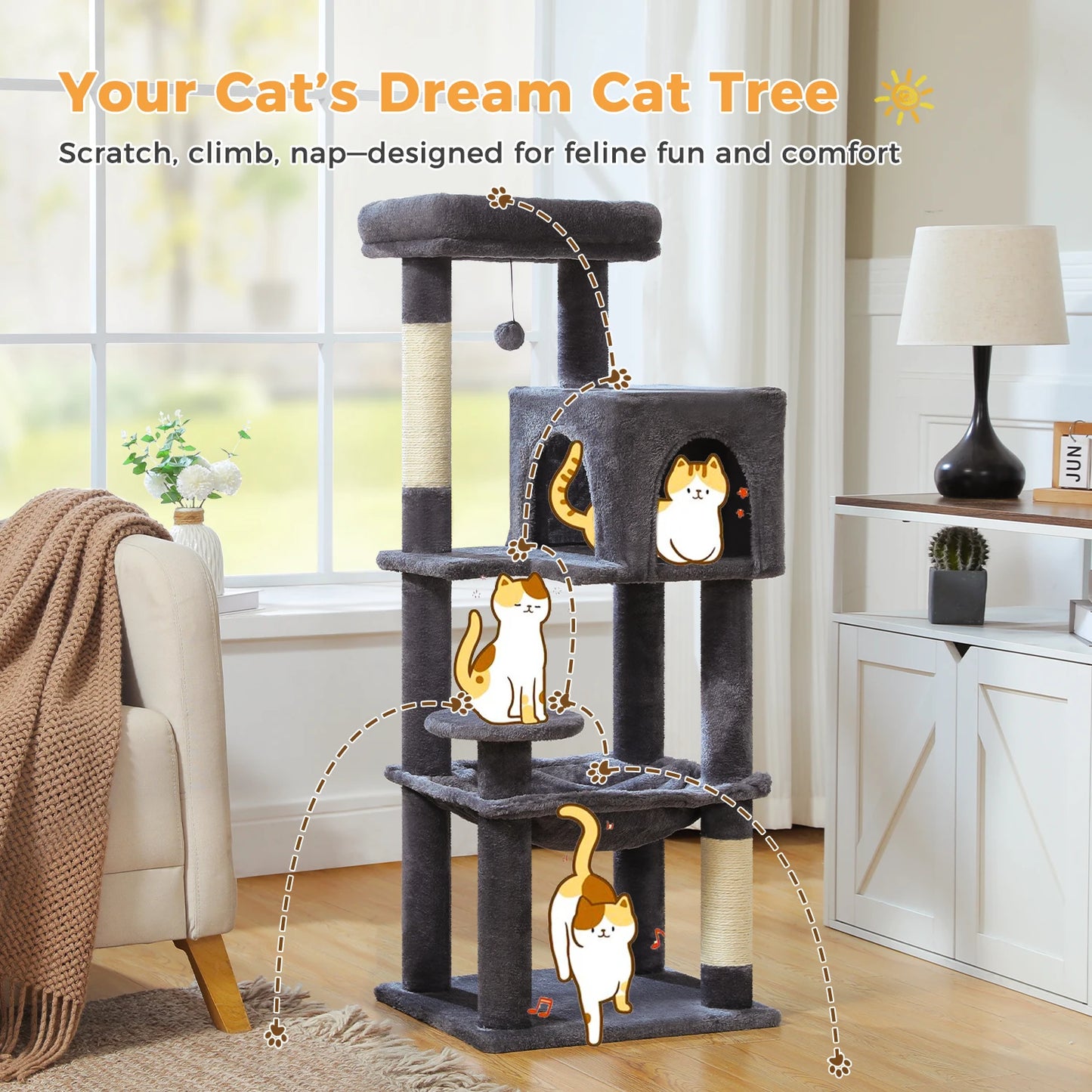 Cat tree with toys in a living room setting