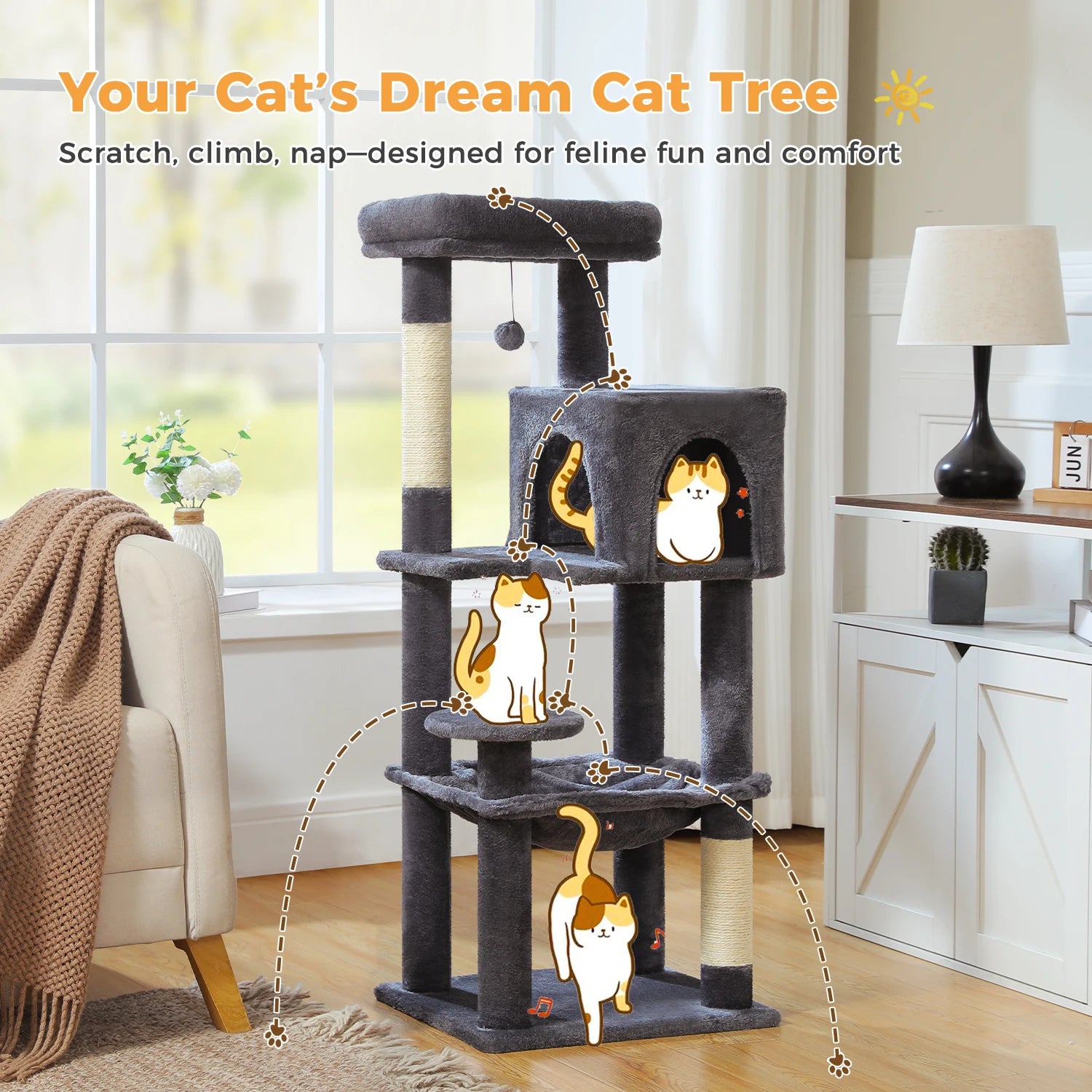 Cat tree with toys in a living room setting