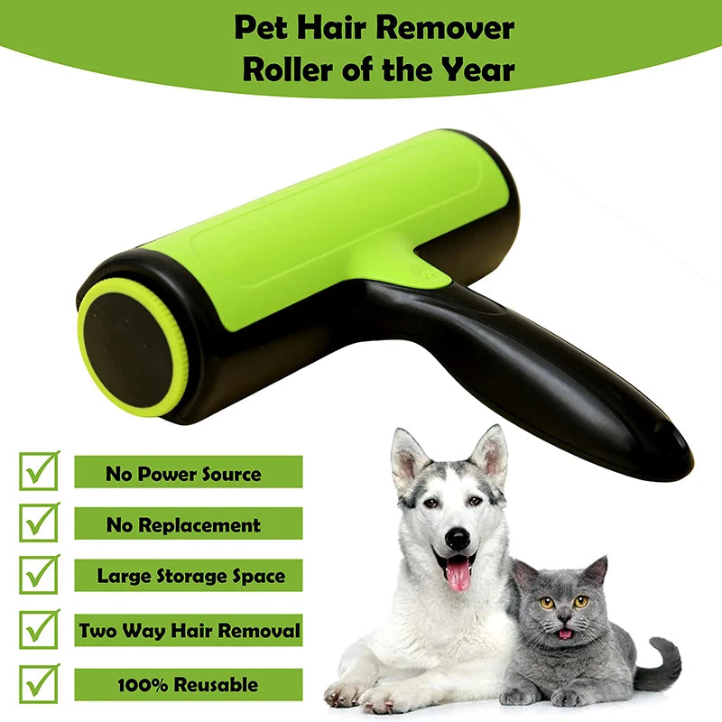 Pet hair remover roller with a green and black design, featuring a dog and cat on a white background.