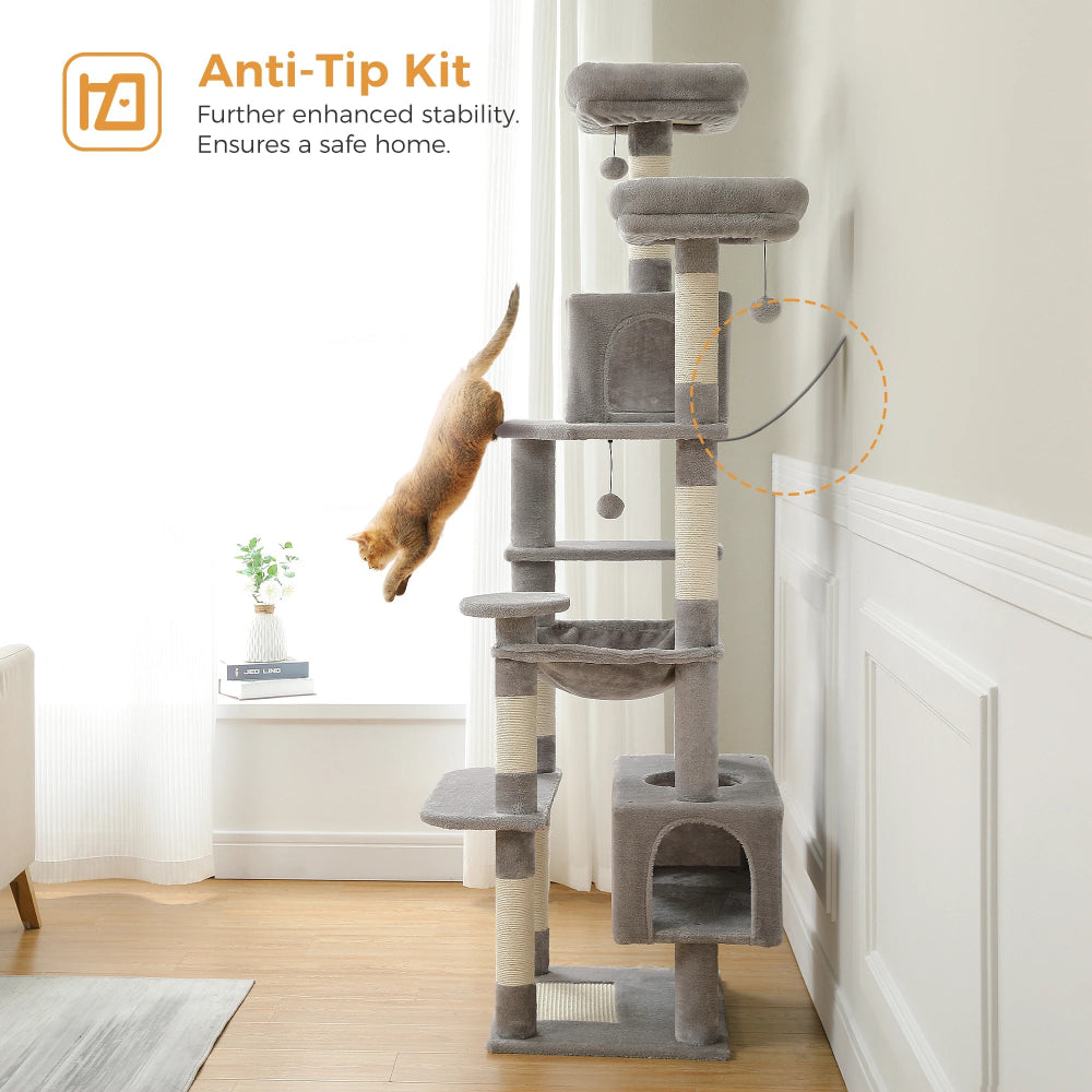 Cat climbing tree with Anti-Tip Kit feature in a home setting