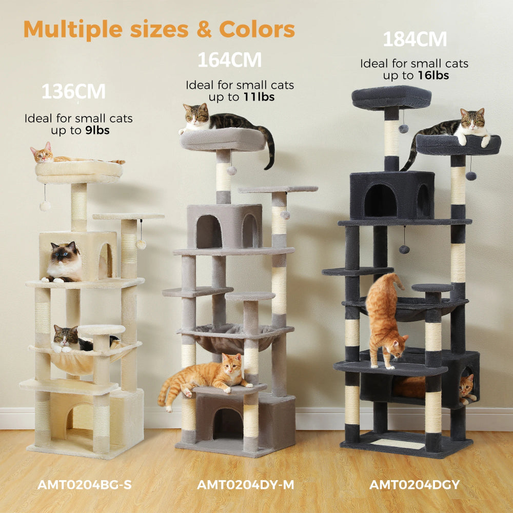 Three cat trees of different sizes with cats on them, labeled for small and medium-sized cats.