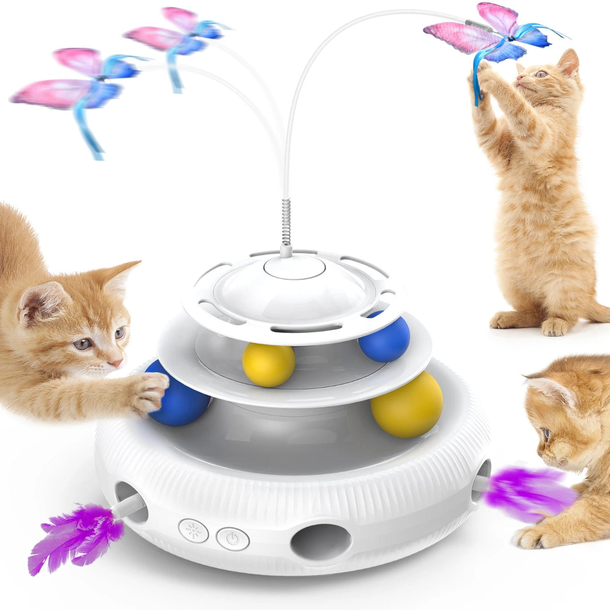 Cat toy with moving elements and colorful butterflies, with cats interacting with it.