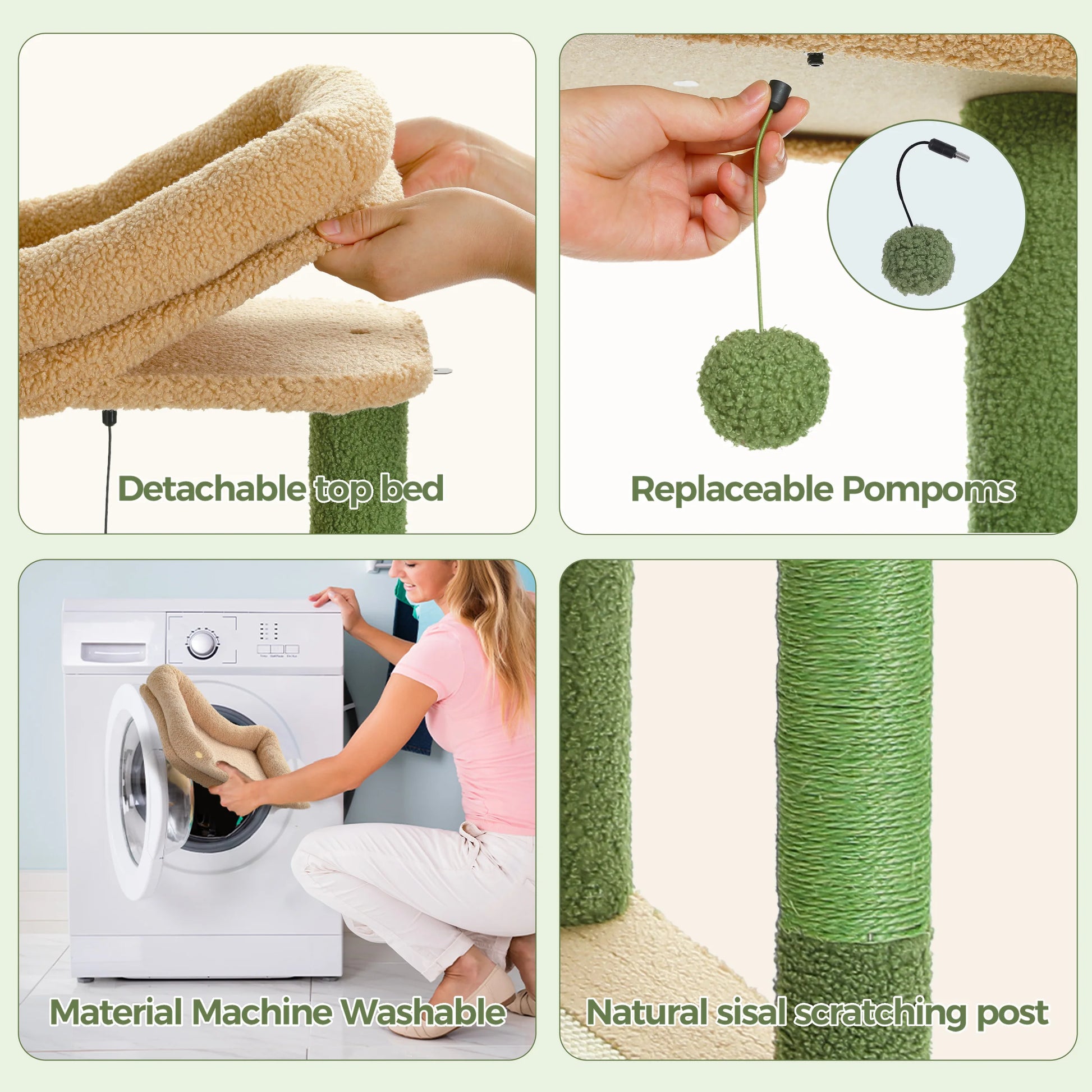 Collage of a cat climbing toy with detachable top bed, replaceable pom-poms, machine washable material, and natural sisal scratching post.