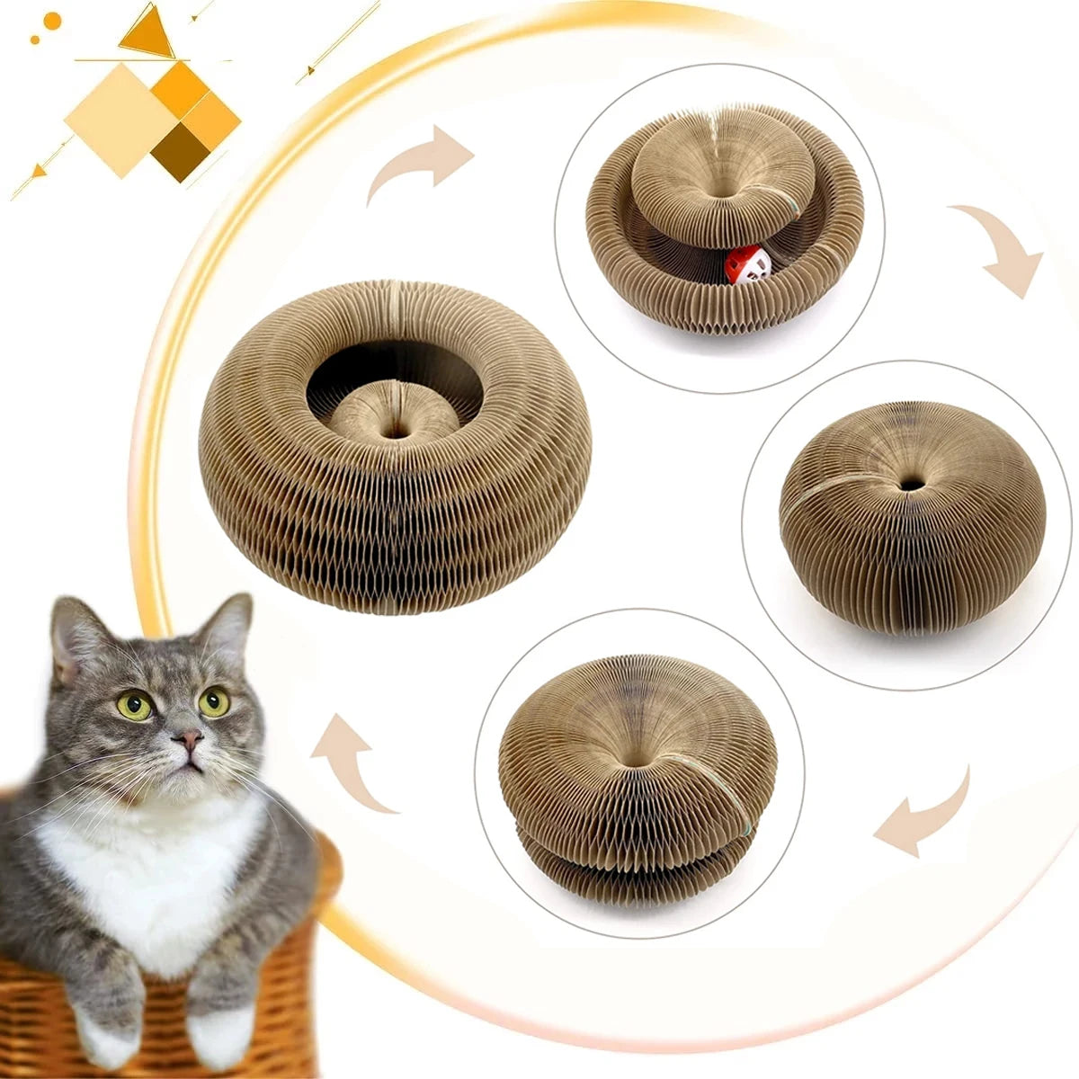 Cat sitting next to a cardboard cat tree with multiple angles shown on a white background