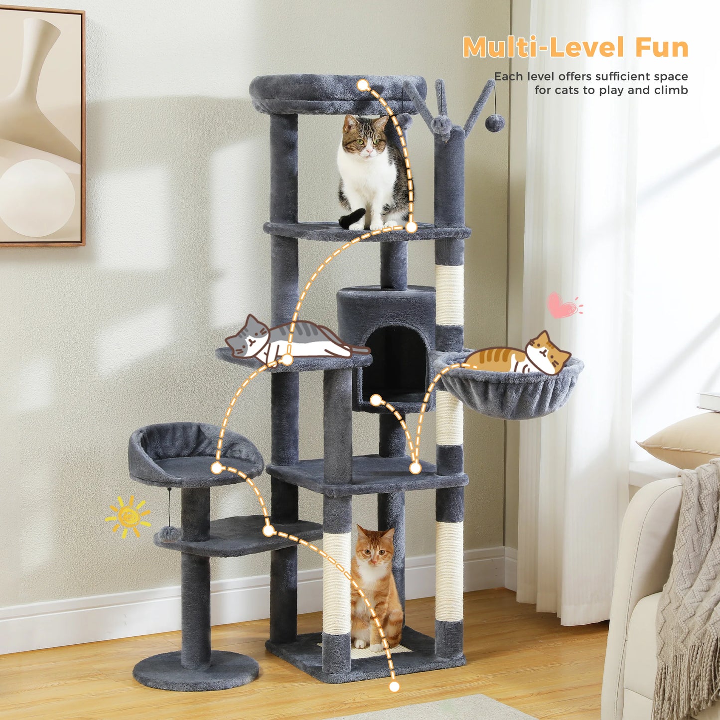 Multi-level cat tree with cats on each level in a living room setting