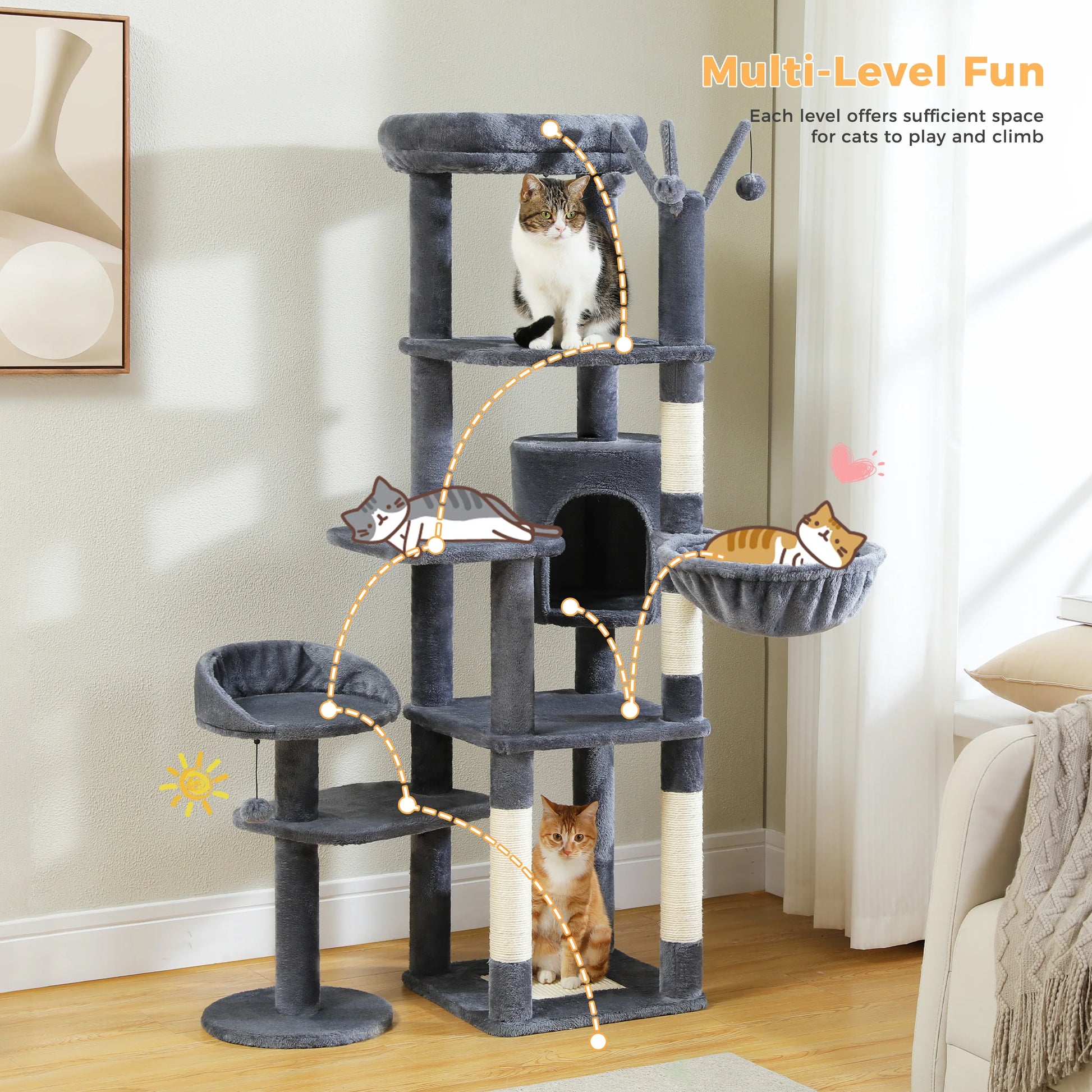 Multi-level cat tree with cats on each level in a living room setting