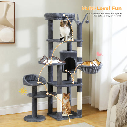 Multi-level cat tree with cats on each level in a living room setting